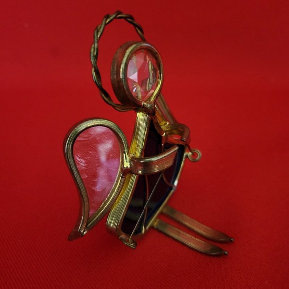 Vintage Stained Glass Skier Blue Gold Tone - Picture 2 of 12